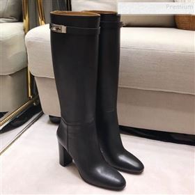 Hermes Classic Kelly Buckle Calfskin Heel High Boots Black (XZG-9092404)