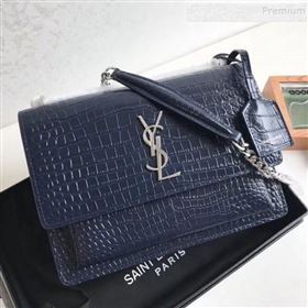 Saint Laurent Sunset Medium Shoulder Bag in Shiny Crocodile-Embossed Leather 442906 Blue 2019 (KTSD-9092628)