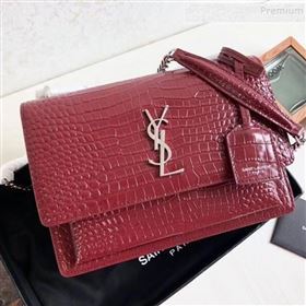 Saint Laurent Sunset Medium Shoulder Bag in Shiny Crocodile-Embossed Leather 442906 Burgundy 2019 (KTSD-9092630)