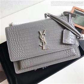 Saint Laurent Sunset Medium Shoulder Bag in Shiny Crocodile-Embossed Leather 442906 Grey 2019 (KTSD-9092633)