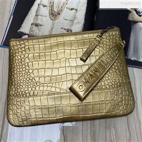 Chanel Metallic Crocodile Embossed Calfskin Large Pouch A86036 Gold 2019 (KAIS-9072266)