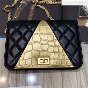 Chanel Metallic Crocodile Embossed Calfskin and Lambskin 2.55 Wallet on Chain AP0612 Black/Gold 2019 (FENGH-9072316)