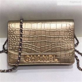 Chanel Metallic Crocodile Embossed Leather Gabrielle Wallet on Chain Gold 2019 (SMJD-9072306)