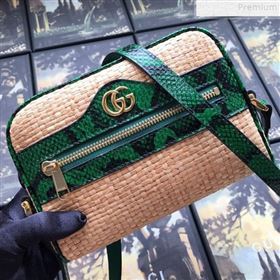 Gucci Ophidia Straw-Effect Fabric and Snakeskin Mini Shoulder Bag 574493 Beige/Green 2019 (DLH-9072402)