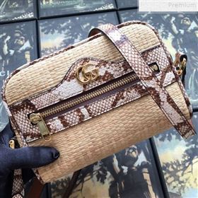 Gucci Ophidia Straw-Effect Fabric and Snakeskin Mini Shoulder Bag 574493 Beige/Brown 2019 (DLH-9072401)