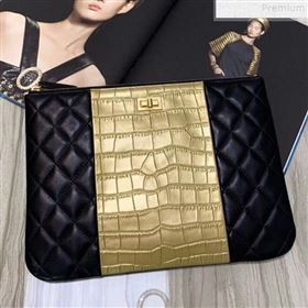 Chanel Metallic Crocodile Embossed Calfskin and Lambskin 2.55 Pouch A82725 Black/Gold 2019 (FENGH-9072314)