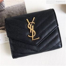 Saint Laurent Monogram Compact Tri Fold Small Wallet in Grained Leather 403943 Black/Gold 2019 (KTSD-9072545)