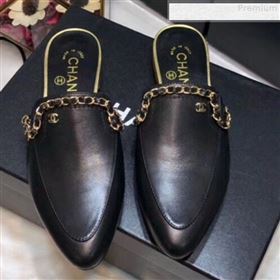 Chanel Smooth Calfskin Chain Trim Flat Mules Black 2019 (AQ-9072958)