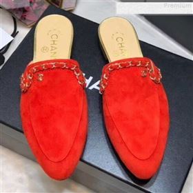 Chanel Suede Chain Trim Flat Mules Red 2019 (AQ-9072959)