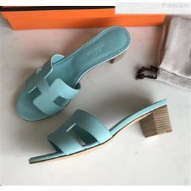 Hermes Epsom Leather Oasis Slipper Sandals With 5cm Heel Cyan (MD-9080614)