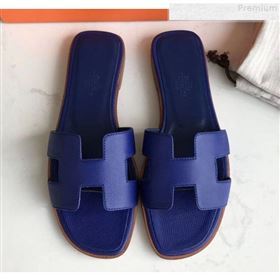 Hermes Epsom Leather Oran H Flat Slipper Sandals Royal Blue (MD-9080615)