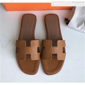 Hermes Epsom Leather Oran H Flat Slipper Sandals Brown (MD-9080621)