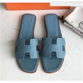 Hermes Epsom Leather Oran H Flat Slipper Sandals Blue (MD-9080623)