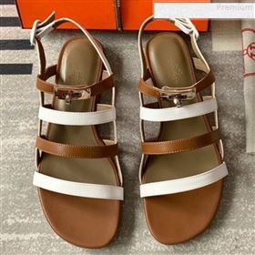 Hermes Kelly Calfskin Flat Sandals White/Brown 2019 (DLY-9080810)