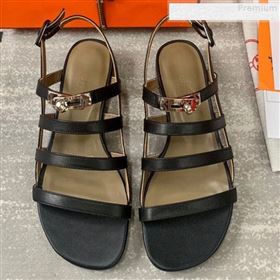 Hermes Kelly Calfskin Flat Sandals Black 2019 (DLY-9080814)