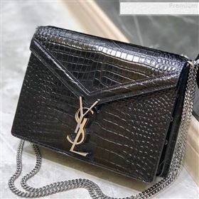 Saint Laurent Cassandra Monogram Clasp Shoulder Bag in Crocodile Embossed Leather 532750 Black 2019 (YIDA-9081005)