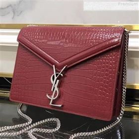 Saint Laurent Cassandra Monogram Clasp Shoulder Bag in Crocodile Embossed Leather 532750 Red 2019 (YIDA-9081004)