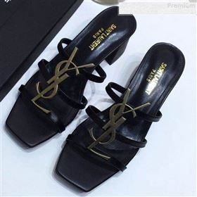 Saint Laurent Cassandra YSL Calfskin Mid-Heel Slide Sandals Black/Gold 2019 (DLY-9081253)