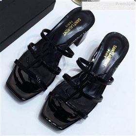Saint Laurent Cassandra YSL Patent Calfskin Mid-Heel Slide Sandals Black 2019 (DLY-9081256)