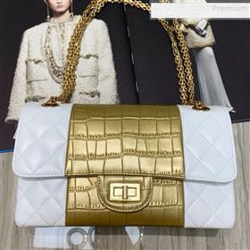 Chanel Lambskin and Crocodile Embossed Calfskin Medium 2.55 Flap Bag A37586 White/Gold 2019 (SSZ-9081715)