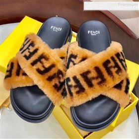 Fendi Logo Print Wool Fur Cross Flat Slide Sandals Brown 2019 (HAUNGZ-9081551)