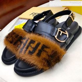 Fendi Logo Print Mink Fur and Calfskin Flat Sandals Brown/Black 2019 (HAUNGZ-9081552)