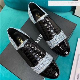 Chanel Tweed and Patent Calfskin Flat Lace-Ups Loafers G34128 Blue 2019 (DLY-9081603)