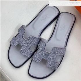 Hermes Oran Crystal Flat Slide Sandals Silver 01 2019 (Huangz-9081521)