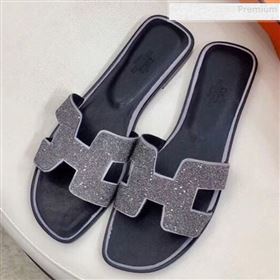 Hermes Oran Crystal Flat Slide Sandals Silver Grey 2019 (Huangz-9081523)