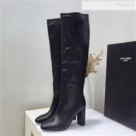 Saint Laurent Calfskin Logo Side High Heel Knee Boots Black 2019 (JINC-9102537)