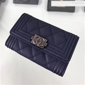 Chanel Grained Leather Small Flap Boy Wallet A80603 Navy Blue 2019 (HOT-9101402)