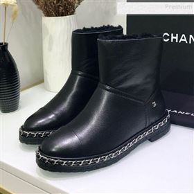 Chanel Calfskin Wool Chain Trim Flat Short Boots G34113 Black 2019 (JINC-9102454)