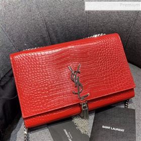 Saint Laurent Kate Medium with Tassel in Embossed Crocodile Shiny Leather 354119 Red (JUND-9102909)