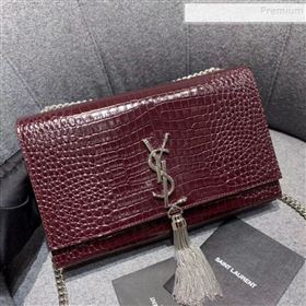 Saint Laurent Kate Medium with Tassel in Embossed Crocodile Shiny Leather 354119 Burgundy (JUND-9102910)