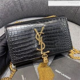 Saint Laurent Kate Small with Tassel in Embossed Crocodile Shiny Leather 354120 Black/Gold  (JUND-9102914)