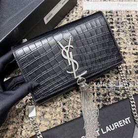 Saint Laurent Kate Small with Tassel in Embossed Crocodile Leather 354120 Black/Silver 02 (JUND-9102917)