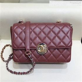 Chanel Quilted Grained Calfskin Round CC Metal Small Flap Bag AS6088 Burgundy 2019 (SMJD-9102227)