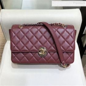 Chanel Quilted Grained Calfskin Round CC Metal Medium Flap Bag AS6099 Burgundy 2019 (SMJD-9102228)