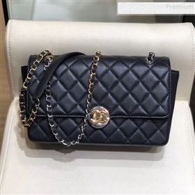Chanel Quilted Grained Calfskin Round CC Metal Medium Flap Bag AS6099 Black 2019 (SMJD-9102232)