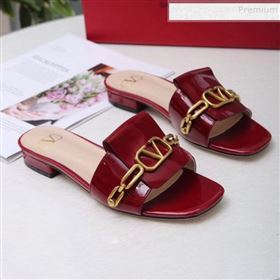 Valentino Patent Leather Vlogo Chain Flat Slide Sandals Burgundy 2019 (MD-9110117)