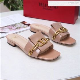 Valentino Patent Leather Vlogo Chain Flat Slide Sandals Khaki 2019 (MD-9110119)