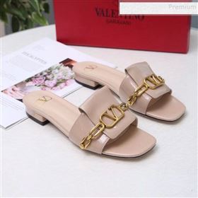 Valentino Patent Leather Vlogo Chain Flat Slide Sandals Apricot 2019 (MD-9110120)