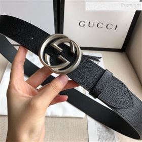 Gucci Grained Leather Belt 38mm with Interlocking G Buckle Black/Silver (99-9111338)