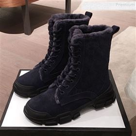 Gucci Suede Wool Lace-up Flat Short Boots Navy Blue 2019 (KL-9112018)