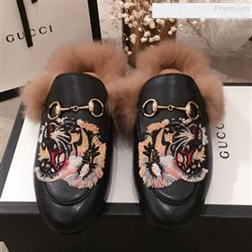 Gucci Princetown Tiger Embroidered Leather Fur Slippers Black 2019 (KL-9112030)