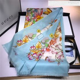 Gucci Cashmere Flora Print Scarf 100x200cm Blue 2019 (HONGX-9112238)