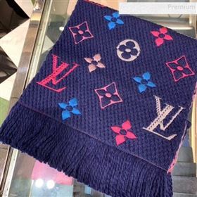 Louis Vuitton Logomania Rainbow Wool Silk Monogram Flower Scarf 168x30cm Blue 2019 (WNS-9112245)