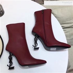 Saint Laurent Calfskin YSL Logo High-Heel Short Boots Burgundy 2019 (LUZI-9092945)