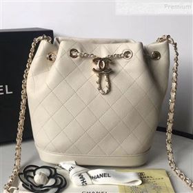 Chanel Quilted Leather Chain Drawstring Small Bucket Bag White 2019 (KAIS-9100710)