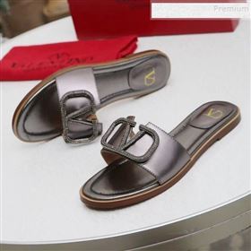 Valentino VLogo Calfskin Flat Slide Sandals Silver Grey 2019 (MD-9101051)